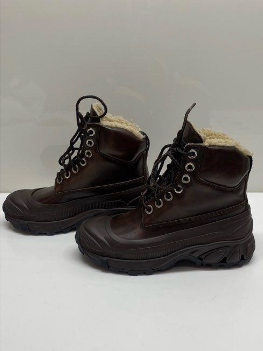 Burberry Dark Brown Leather Shearling-Trim Winter Lace-Up Boots